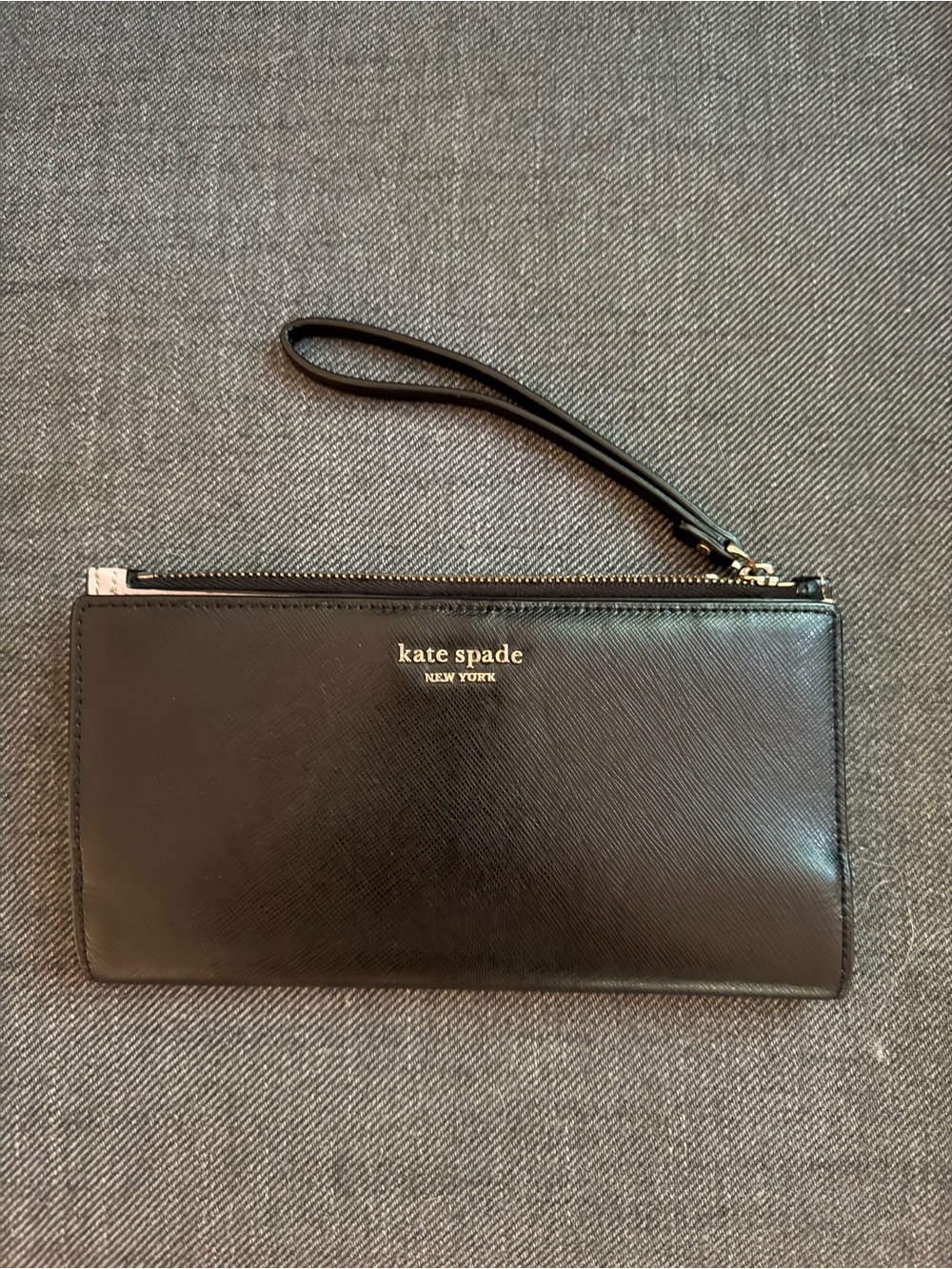 kate spade Black Leather Zip Wristlet with Gold Logo